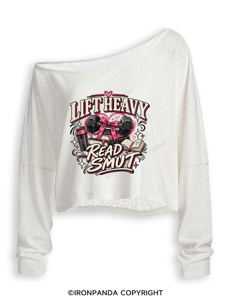 LIFT HEAVY READ SMUT GIRLY GYM READER Off Shoulder Long Sleeve Crop Top