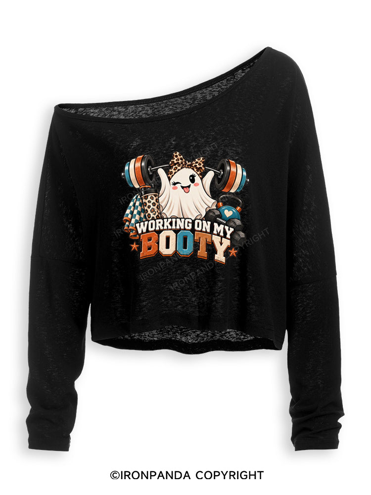 WORKING ON MY BOOTY STRONG PRETTY GHOST Off Shoulder Long Sleeve Crop Top