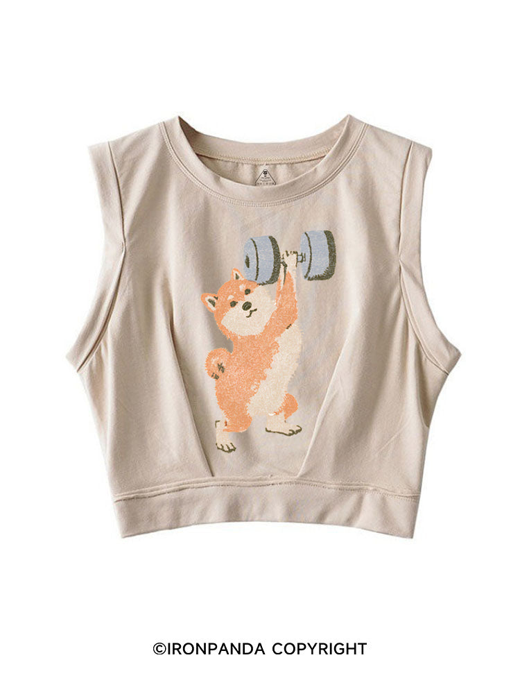 STRONG SHIBA INU LIFTING WEIGHTS SLEEVELESS CROP TOPS