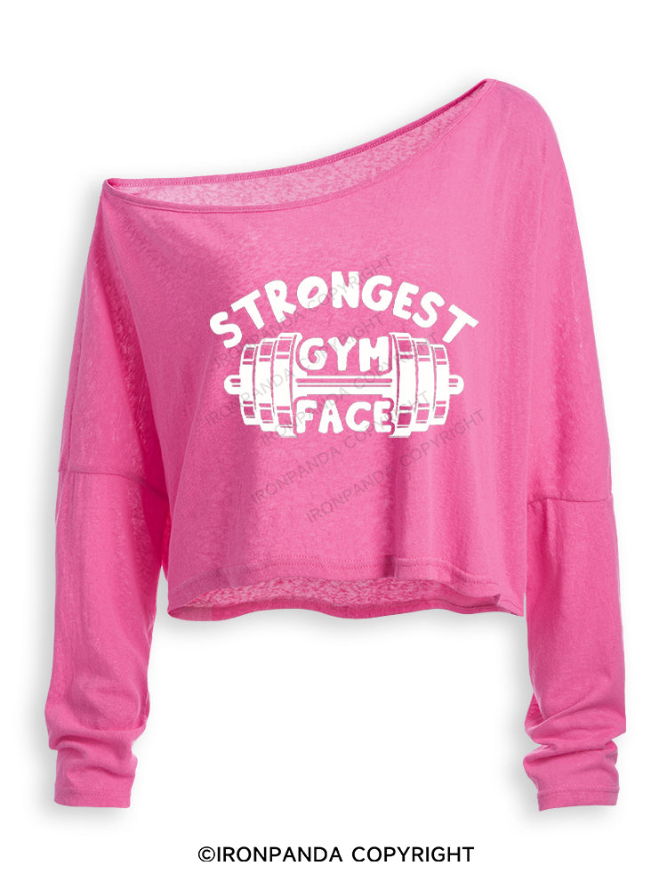 STRONGEST GYM FACE Off Shoulder Long Sleeve Crop Top