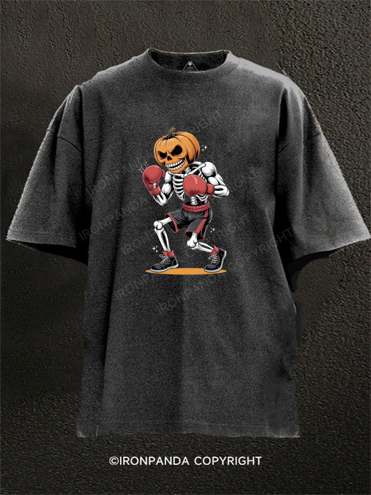 Halloween Boxing Skeleton with Pumpkin Washed Gym Shirt