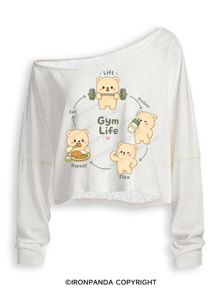 GYM LIFE CUTE BEAR Off Shoulder Long Sleeve Crop Top