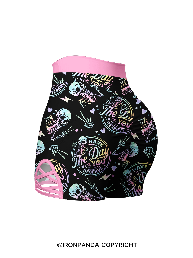 HAVE THE DAY YOU DESERVE SKULL Printed 2 Piece Yoga Shorts Set
