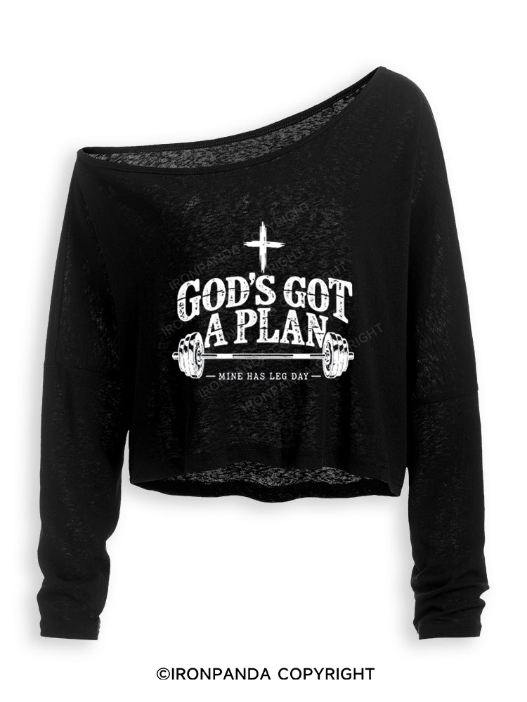 GOD'S GOT A PLAN MINE HAS LEG DAY Off Shoulder Long Sleeve Crop Top