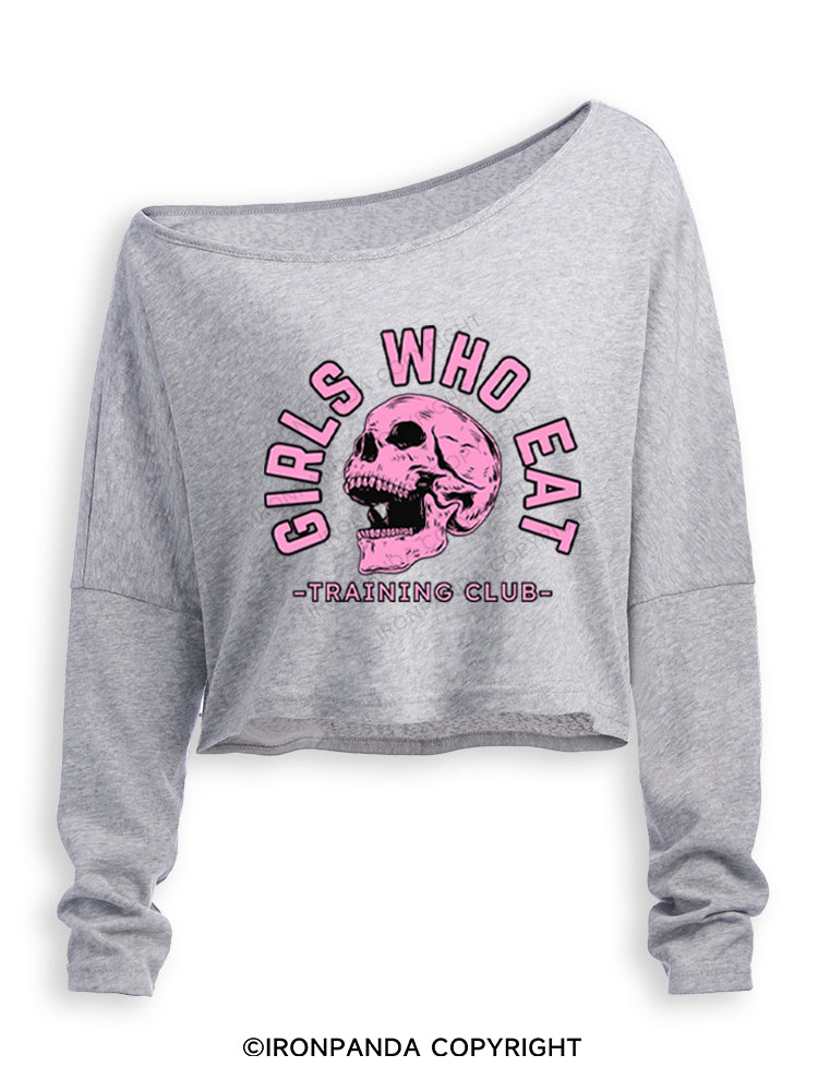 Girls Who Eat Skeleton Weightlifting Off Shoulder Long Sleeve Crop Top