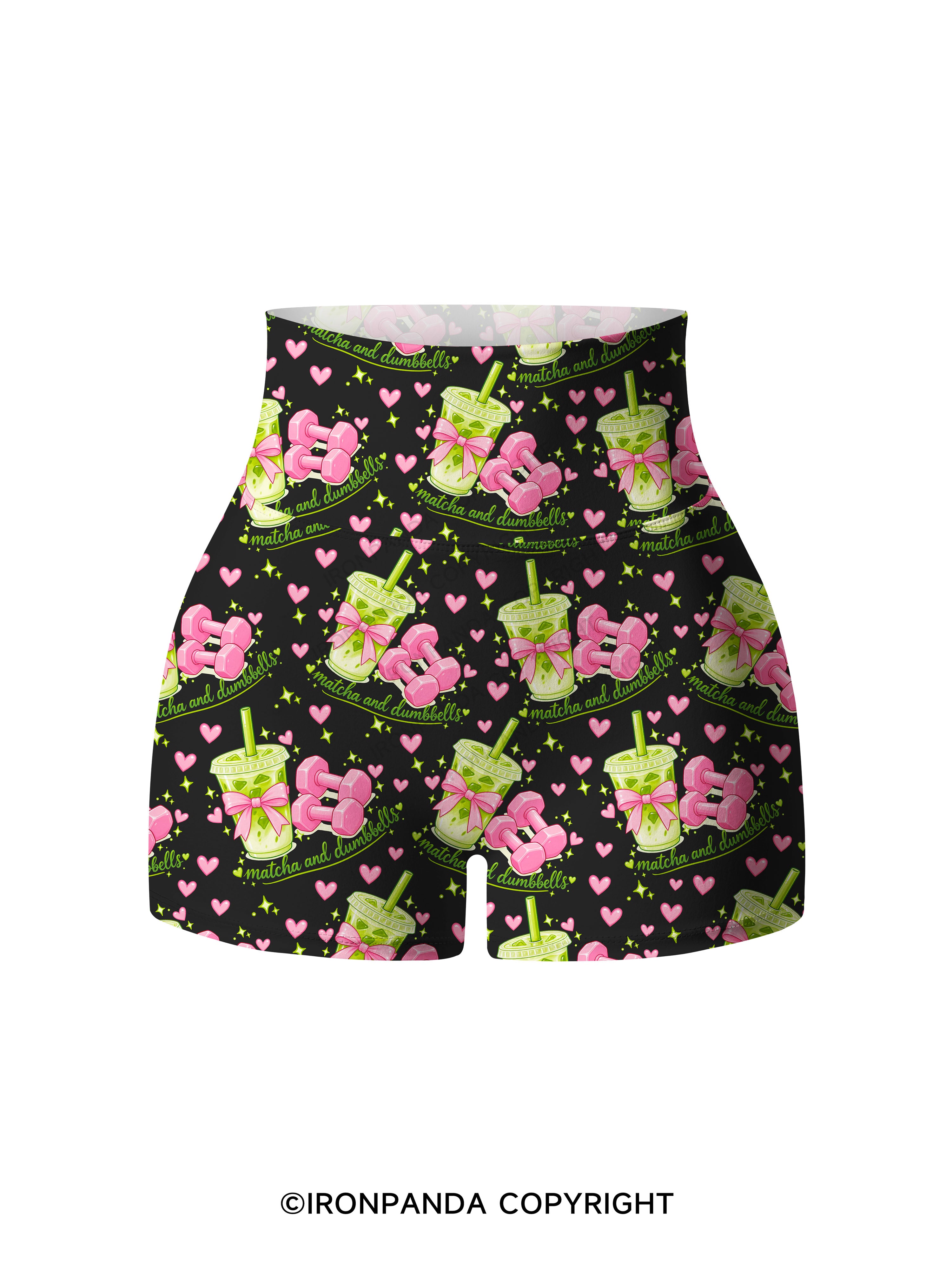MATCHA AND DUMBBELL MATCHA LOVER Printed Yoga Shorts