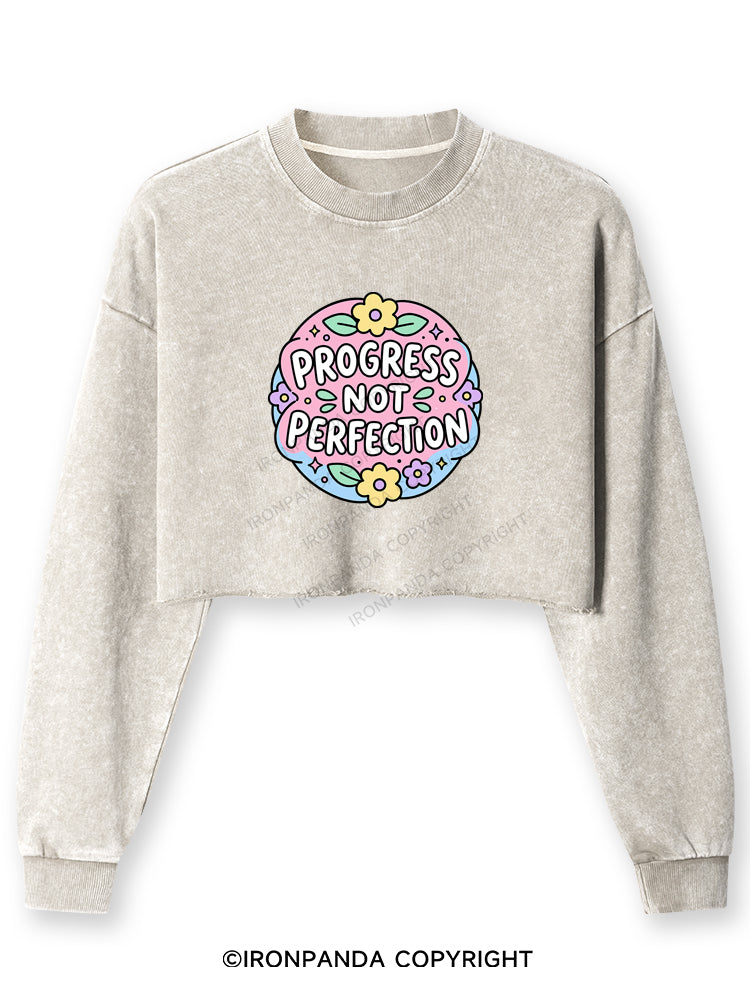PROGRESS NOT PERFECTION Washed Long-Sleeve Crop Top
