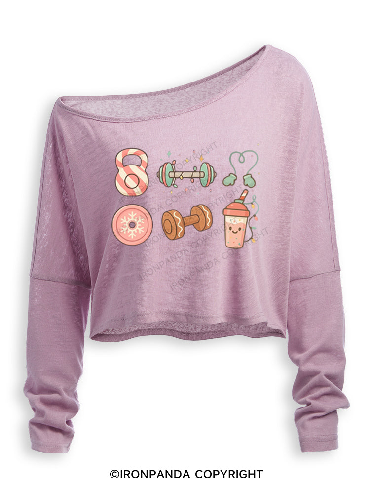 Candy Cane Kettlebell & Cookie Dumbbell Xmas Off Shoulder Long Sleeve Crop Top