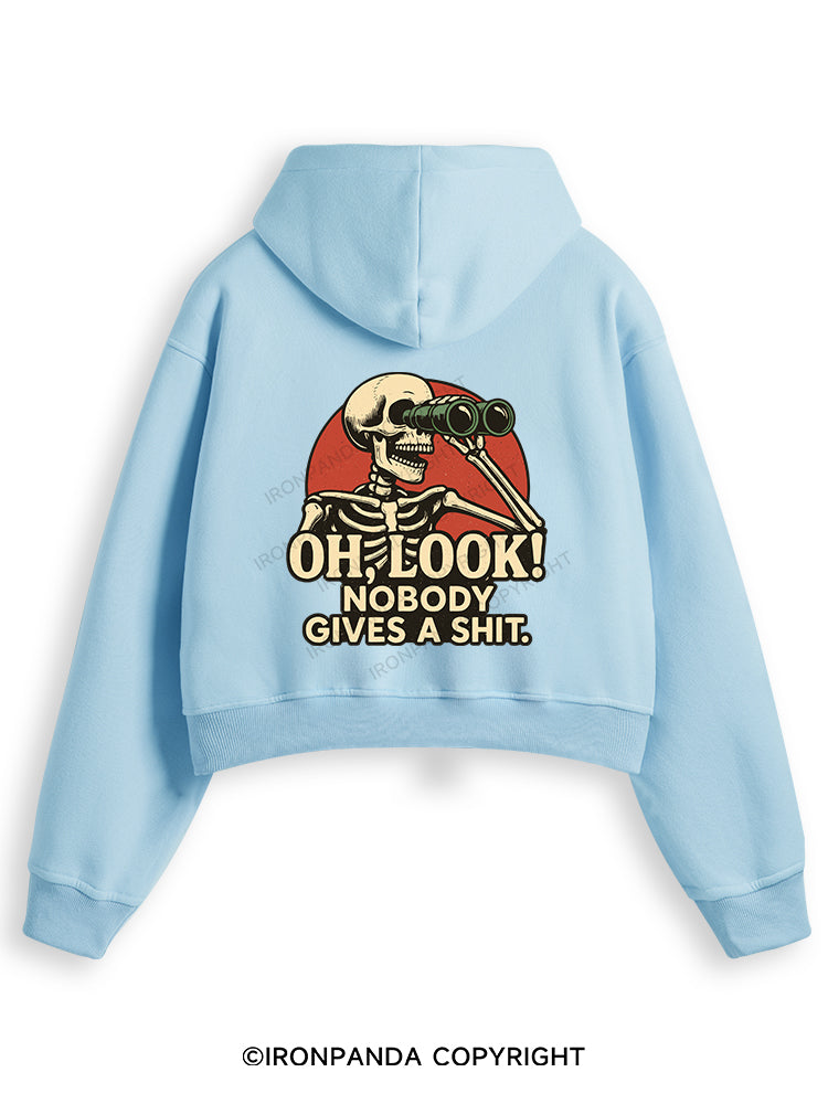OH, LOOK! NOBODY GIVES A SHIT Fleece Crop Zip Up Hoodie