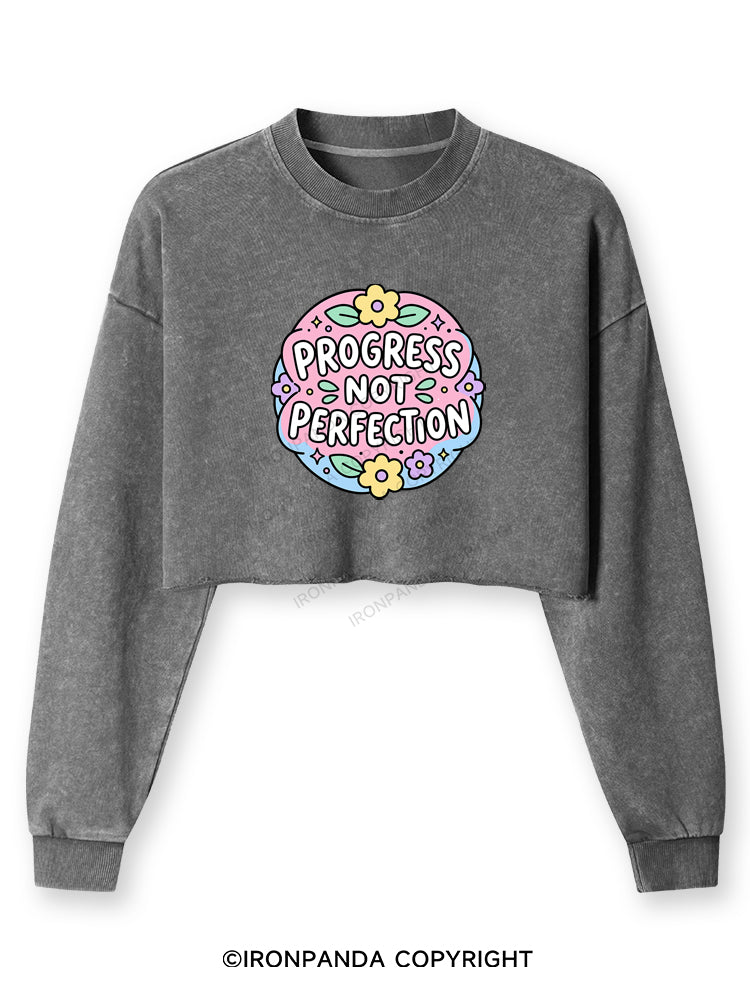 PROGRESS NOT PERFECTION Washed Long-Sleeve Crop Top