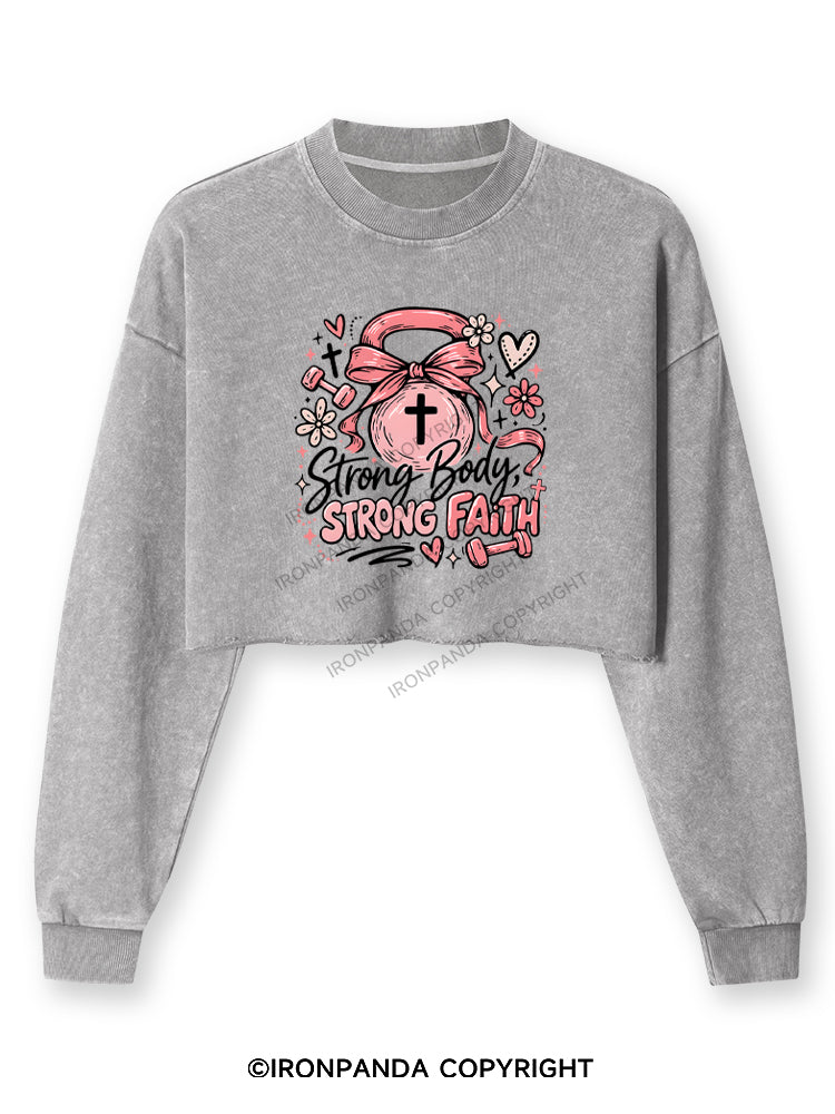 STRONG BODY, STRONG FAITH JESUS Washed Long-Sleeve Crop Top