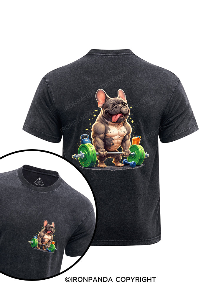 Funny French Bulldog Bodybuilding Printed Washed Gym Shirt