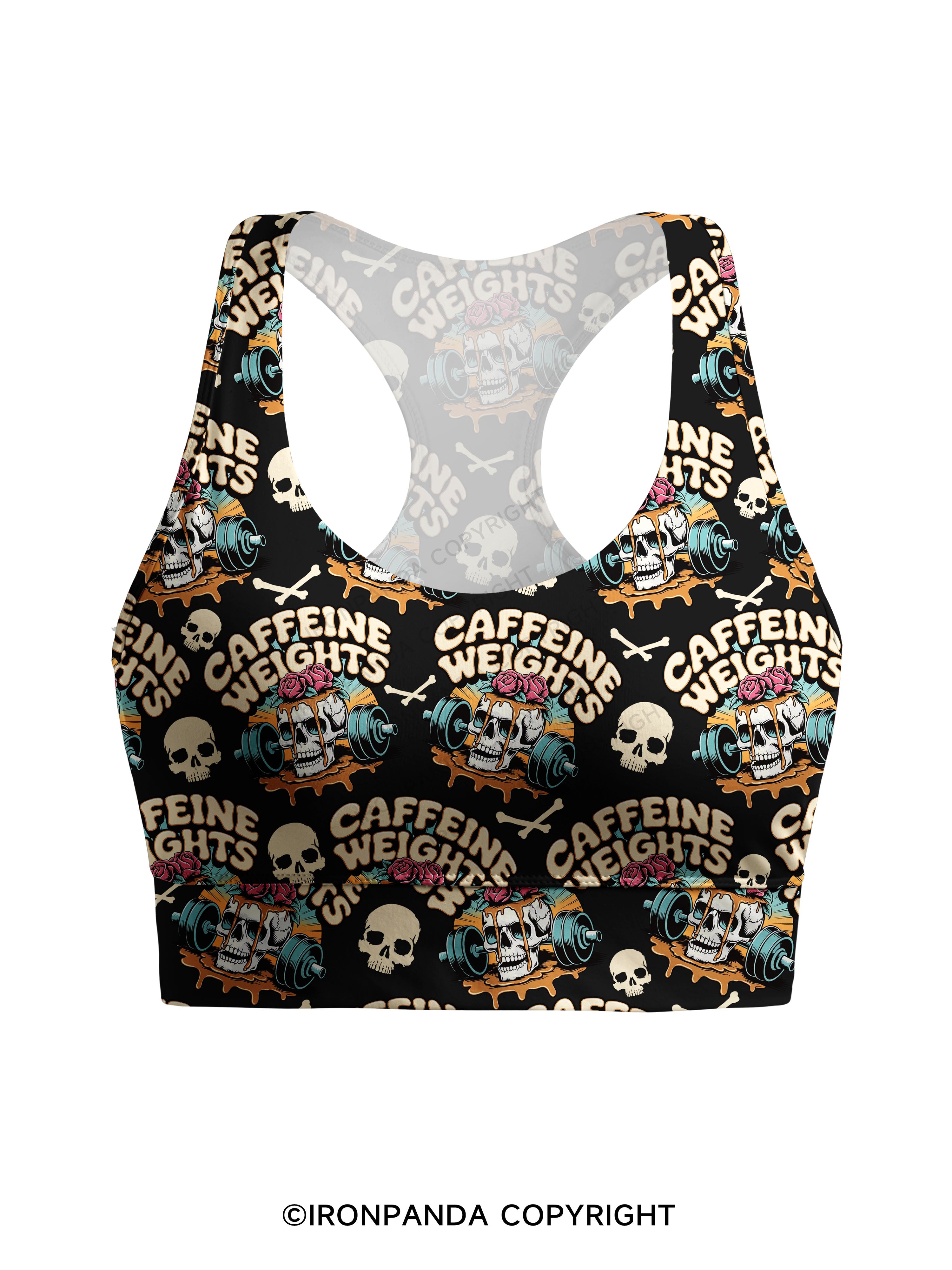 Caffeine weights skeleton Racerback Sports Bra