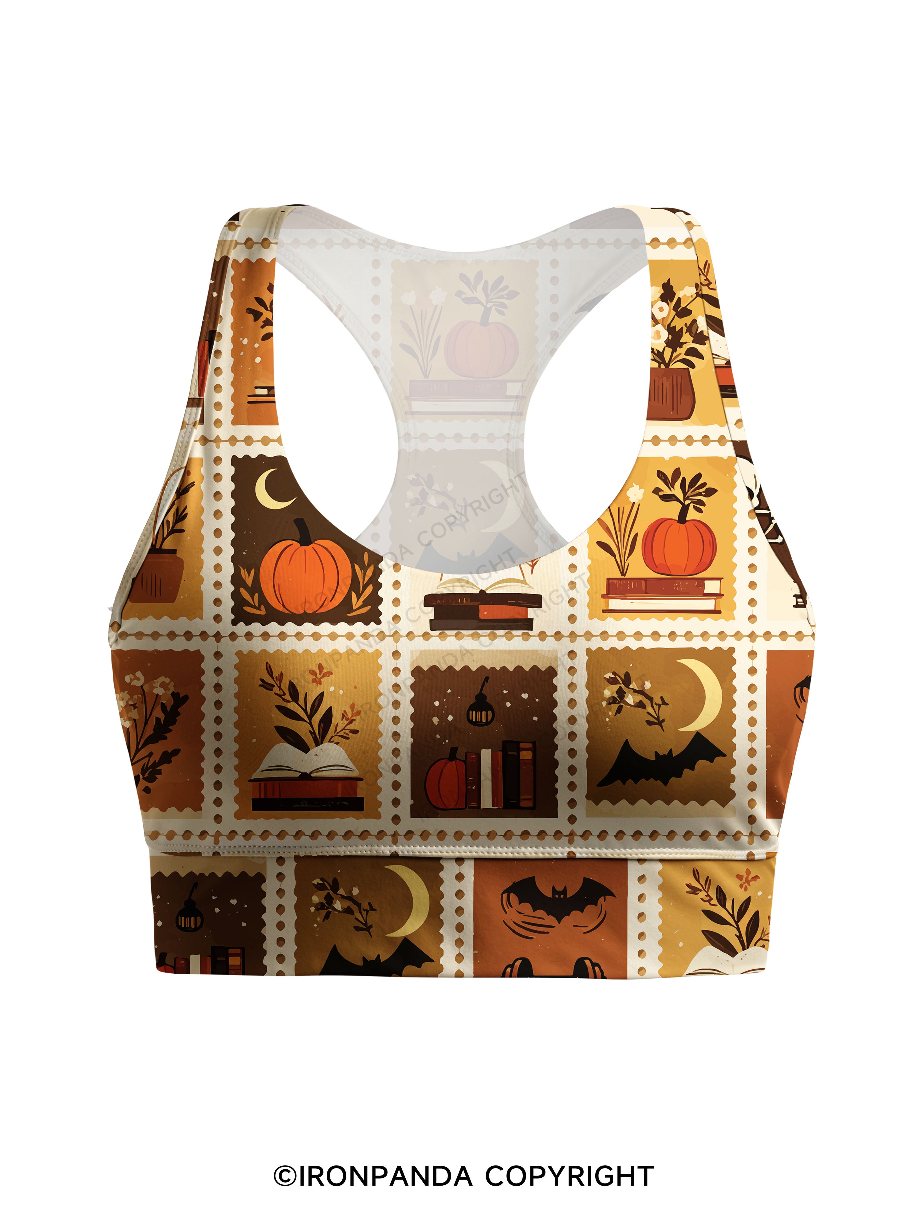 Halloween Fall Fitness Grid Print Racerback Sports Bra