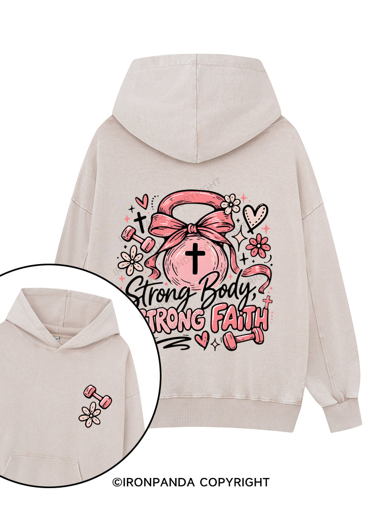 STRONG BODY, STRONG FAITH JESUS Printed Washed Gym Hoodie