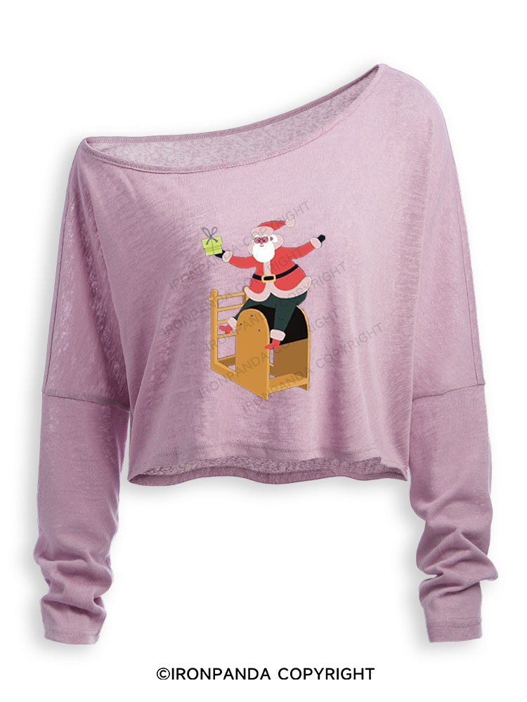 CHRISTMAS SANTA CLAUS PILATES Off Shoulder Long Sleeve Crop Top