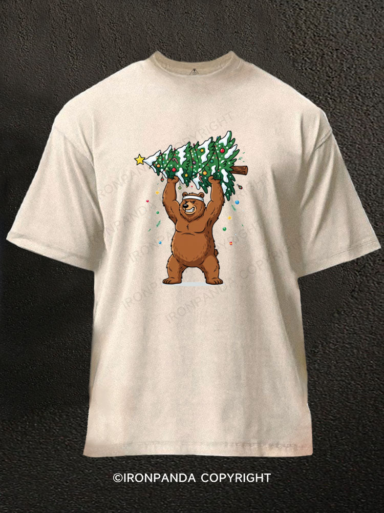 Strong Grizzly Bear Lifting Christmas Tree Washed Gym Shirt