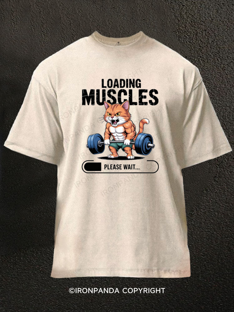 Loading Muscles Cat Lifting Weights Washed Gym Shirt