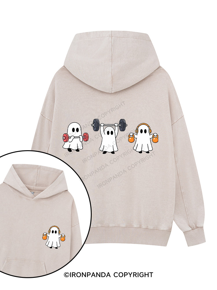GHOST LIFTING WEIGHTS BARBELL GYM LOVERS Printed Washed Gym Hoodie