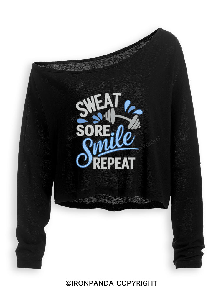SWEAT SORE SMILE REPEAT Off Shoulder Long Sleeve Crop Top