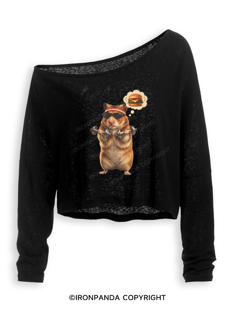 Gym Hamburger Hamster Off Shoulder Long Sleeve Crop Top