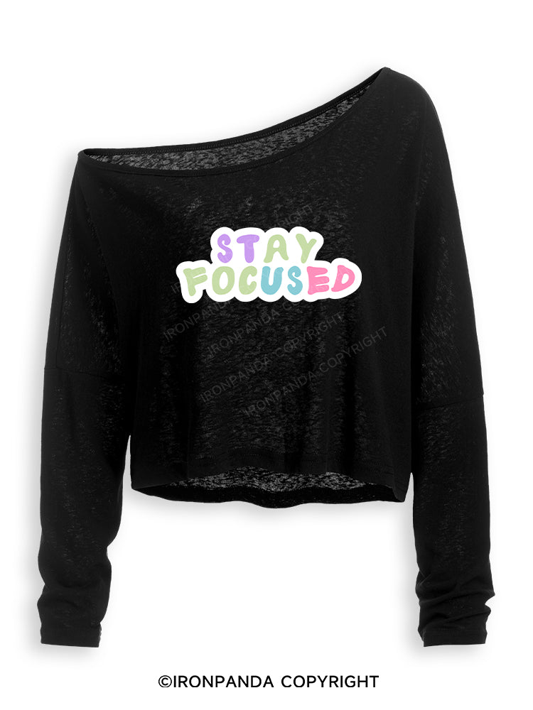 STAY FOCUSED GYM VIBE Off Shoulder Long Sleeve Crop Top
