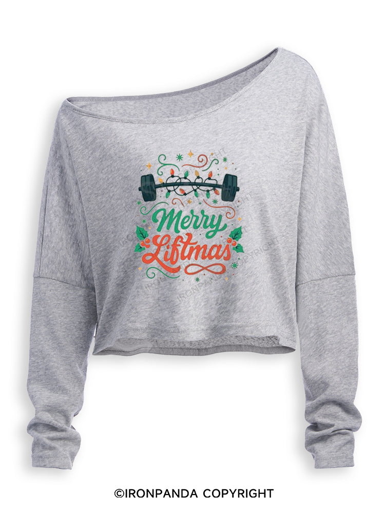 MERRY LIFTMAS STRONG CHRISTMAS Off Shoulder Long Sleeve Crop Top