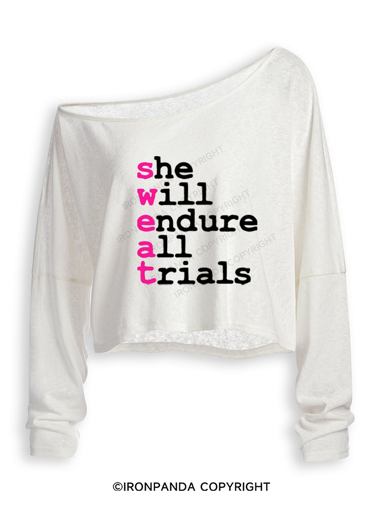 SWEAT She Will Endure All Trials Off Shoulder Long Sleeve Crop Top