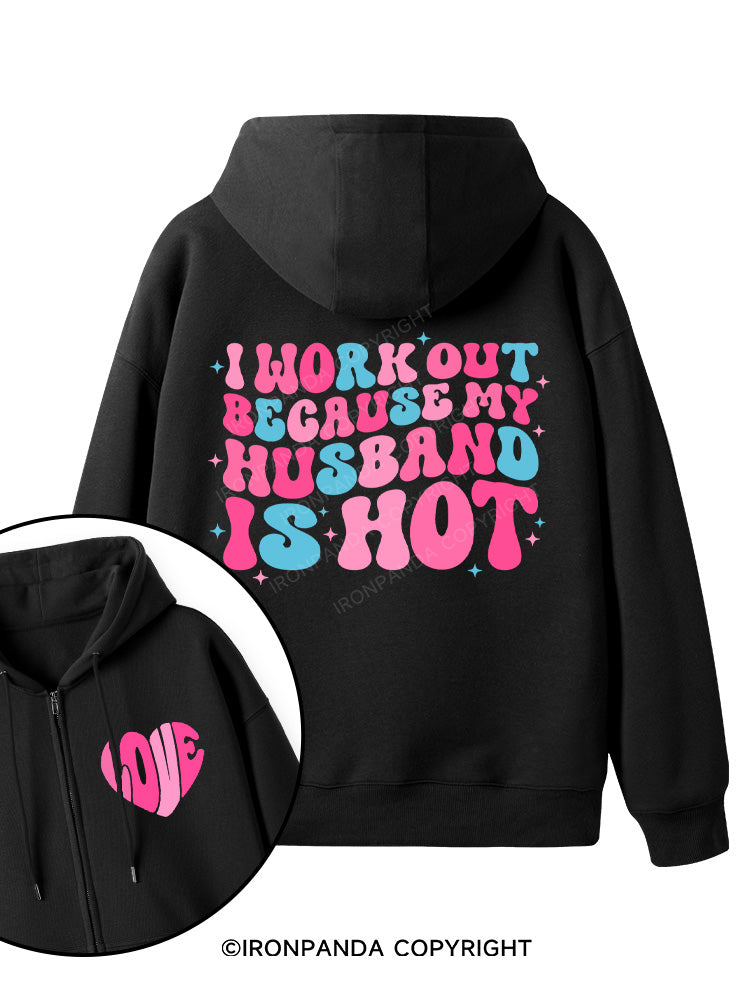 I Work Out Because My Husband is Hot Pink Double-Sided Printed Fleece Zip Up Hoodie