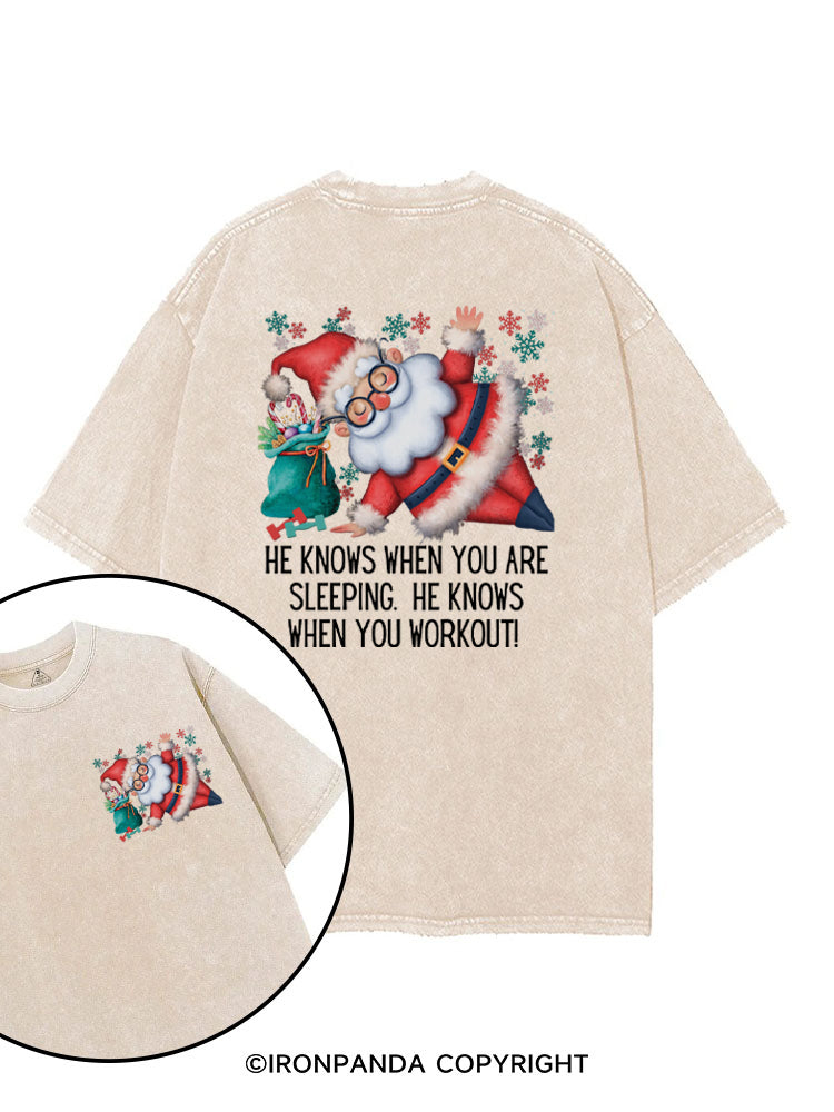 Funny Christmas Santa Knows When You Workout printed Gym Shirt