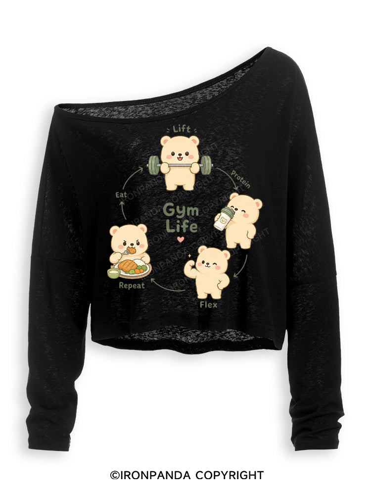 GYM LIFE CUTE BEAR Off Shoulder Long Sleeve Crop Top
