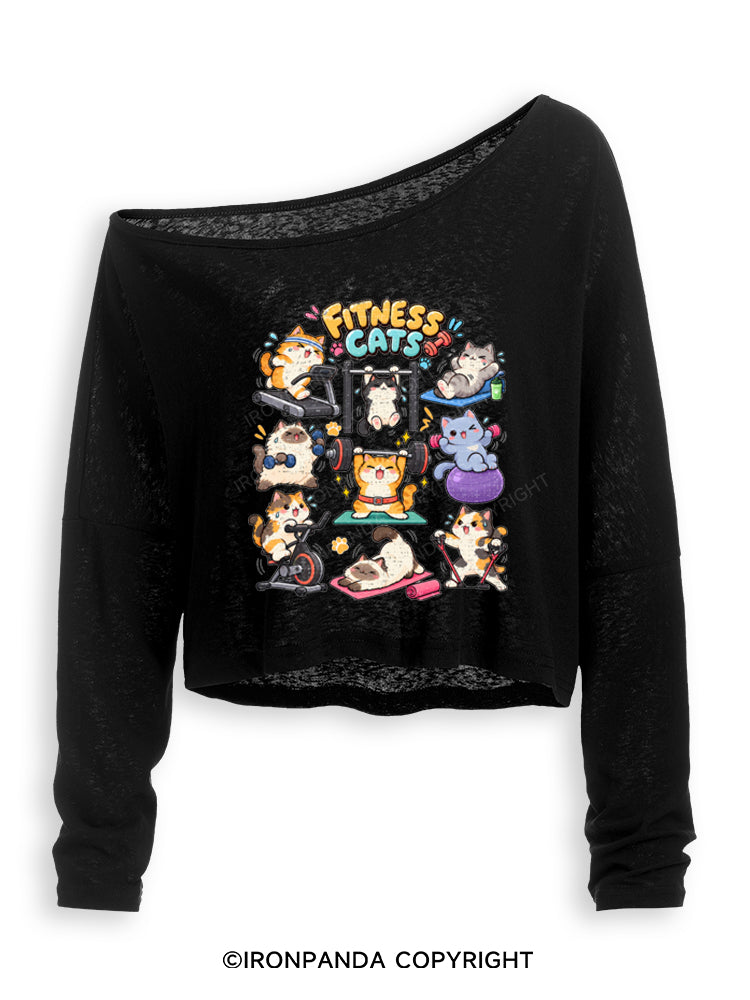 Fitness Cats Gym Workout Off Shoulder Long Sleeve Crop Top