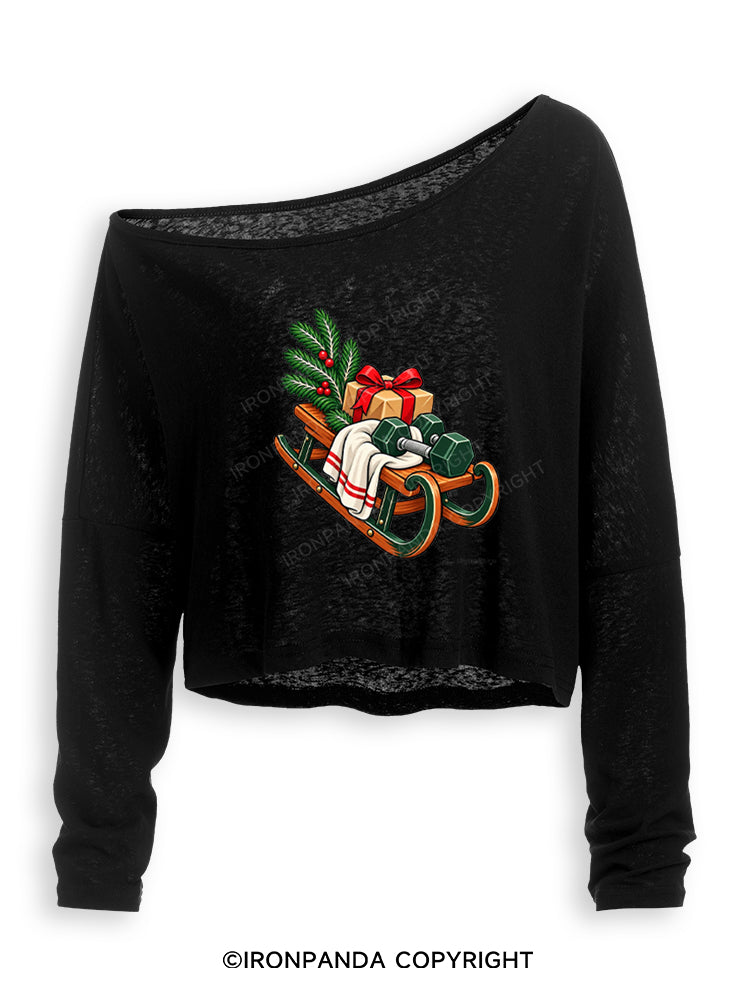 CHRISTMAS DUMBBELLS AND FESTIVE SLEIGH Off Shoulder Long Sleeve Crop Top