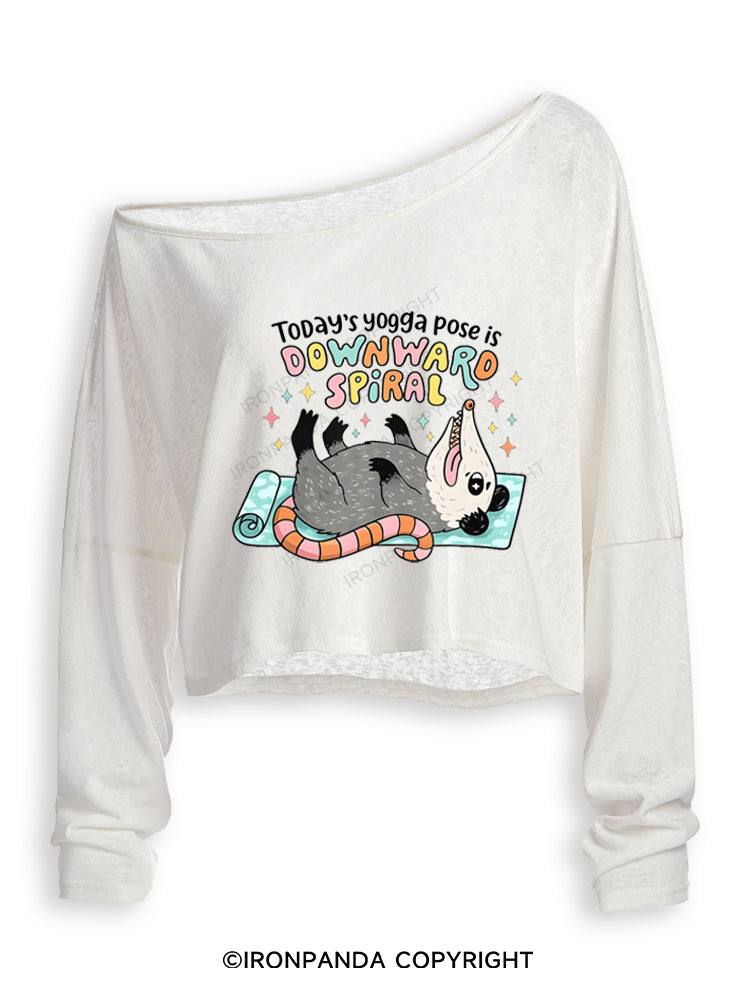 Today's Yoga Pose Is Downward Spiral Opossum Off Shoulder Long Sleeve Crop Top
