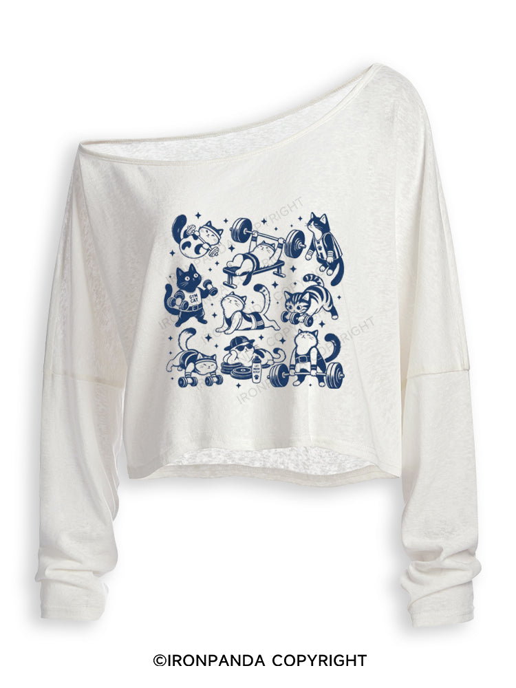 CUTE CAT LIFTING CLUB Off Shoulder Long Sleeve Crop Top