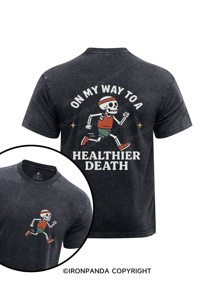 On My Way to a Healthier Death Skeleton Running Printed Washed Gym Shirt
