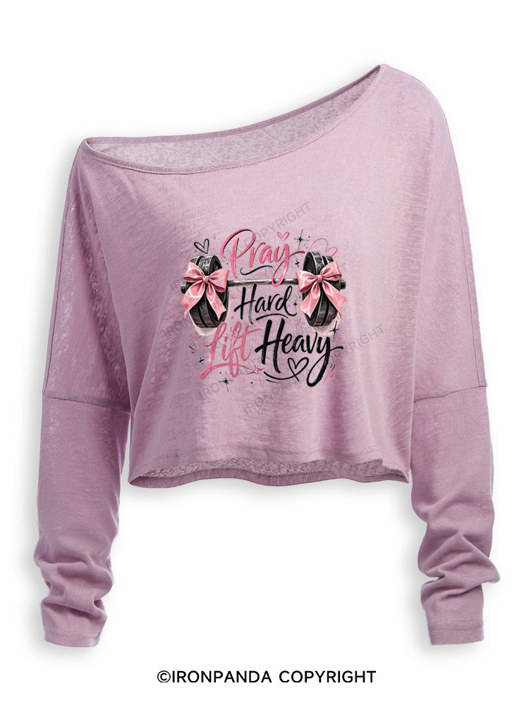 PRAY HARD LIFT HEAVY CHRISTIAN FITNESS Off Shoulder Long Sleeve Crop Top