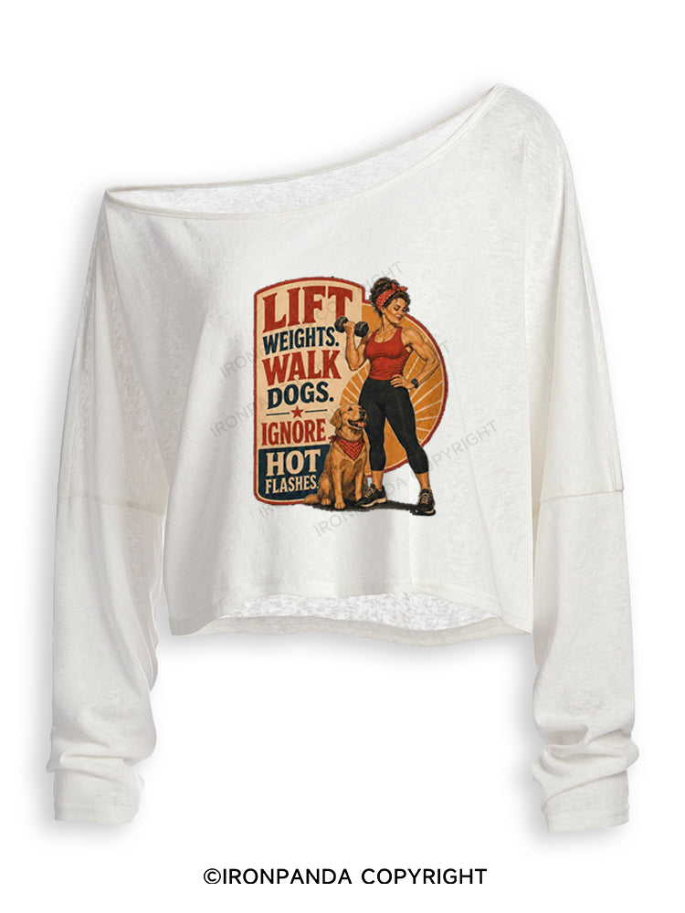 LIFT WEIGHTS WALK DOGS RETRO FITNESS Off Shoulder Long Sleeve Crop Top