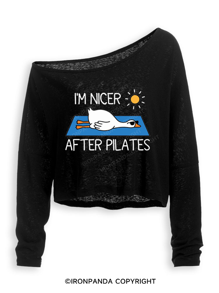 I'M NICER AFTER PILATES GYM GOOSE Off Shoulder Long Sleeve Crop Top