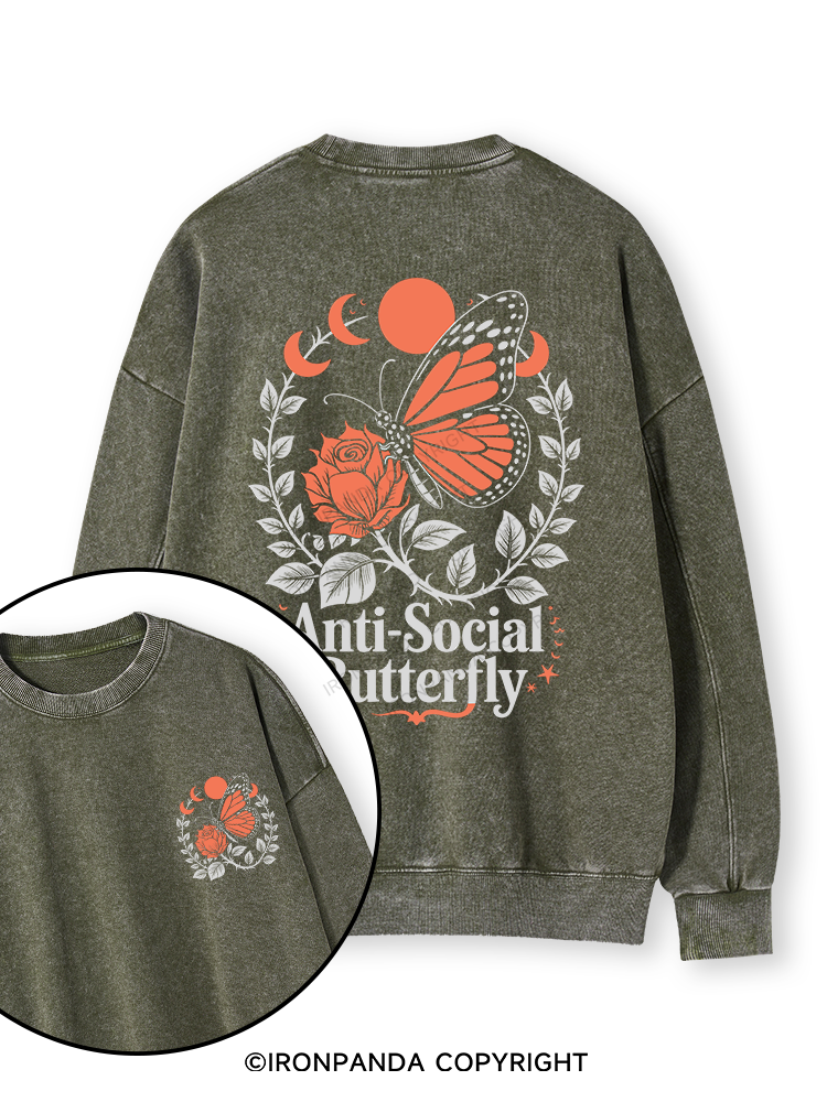 ANTI-SOCIAL BUTTERFLY Double-Sided Printed Washed Sweatshirt