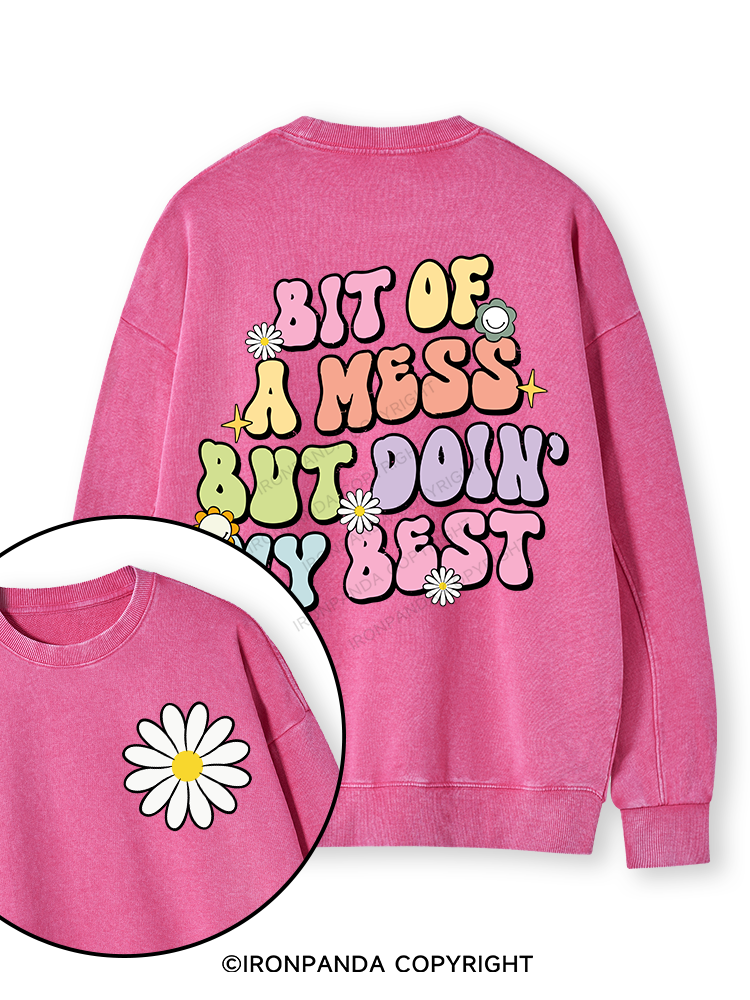 BIT OF A MESS BUT DOIN' MY BEST Double-Sided Printed Washed Sweatshirt