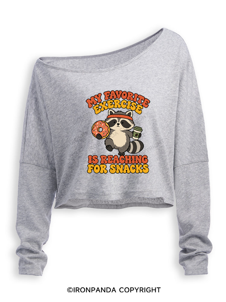 My Favorite Exercise Is Reaching for Snacks Funny Raccoon Off Shoulder Long Sleeve Crop Top
