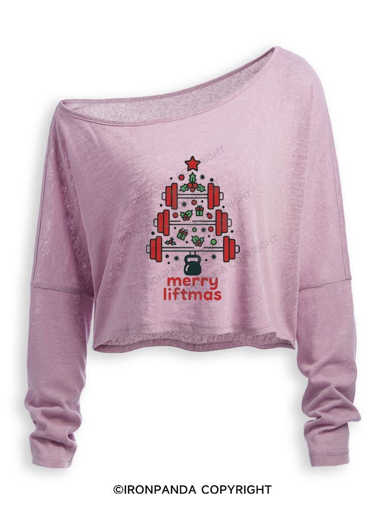 MERRY LIFTMAS FITNESS CHRISTMAS TREE Off Shoulder Long Sleeve Crop Top