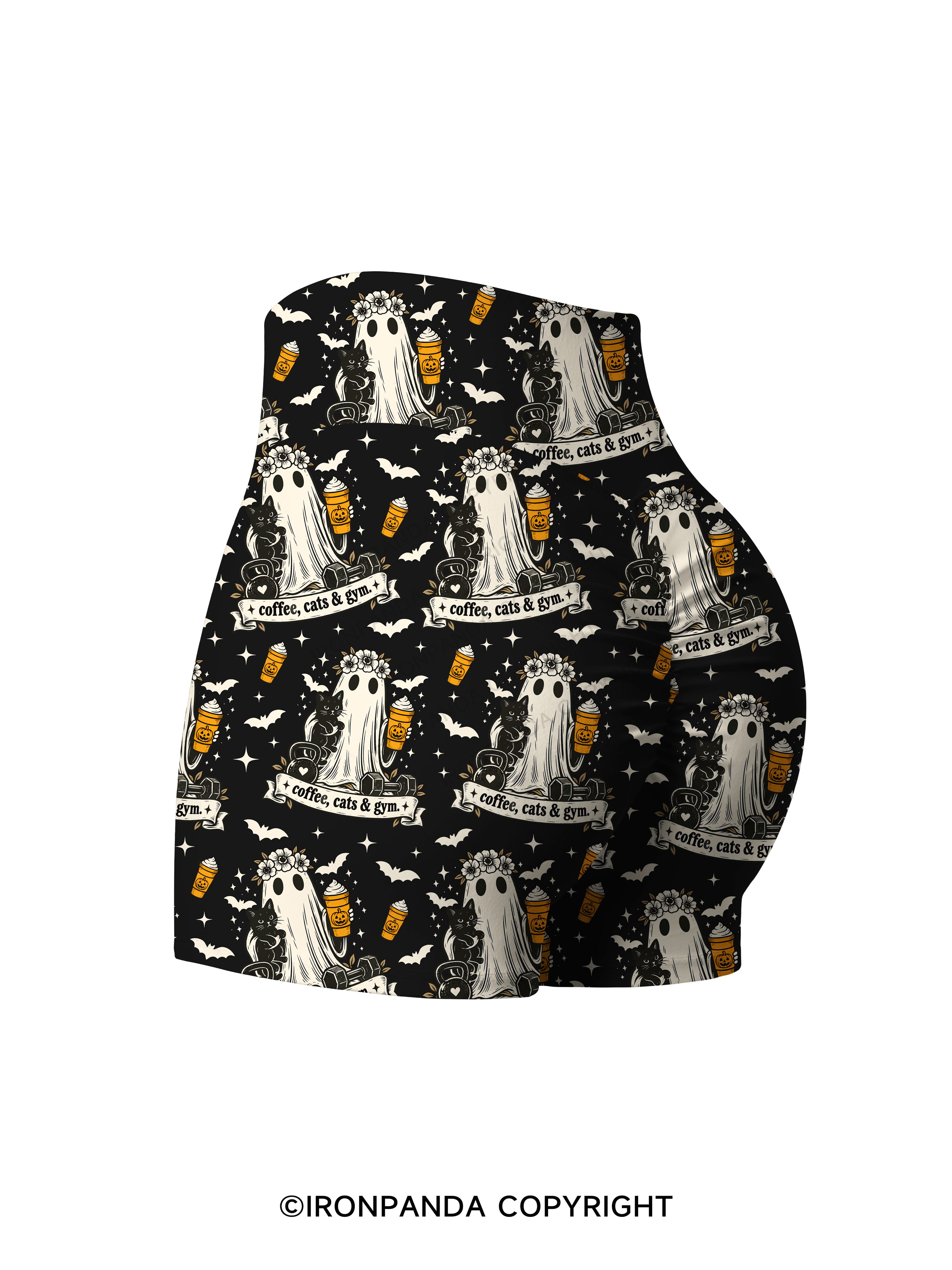 COFFEE, CATS & GYM HAPPY HALLOWEEN Print Printed Yoga Shorts