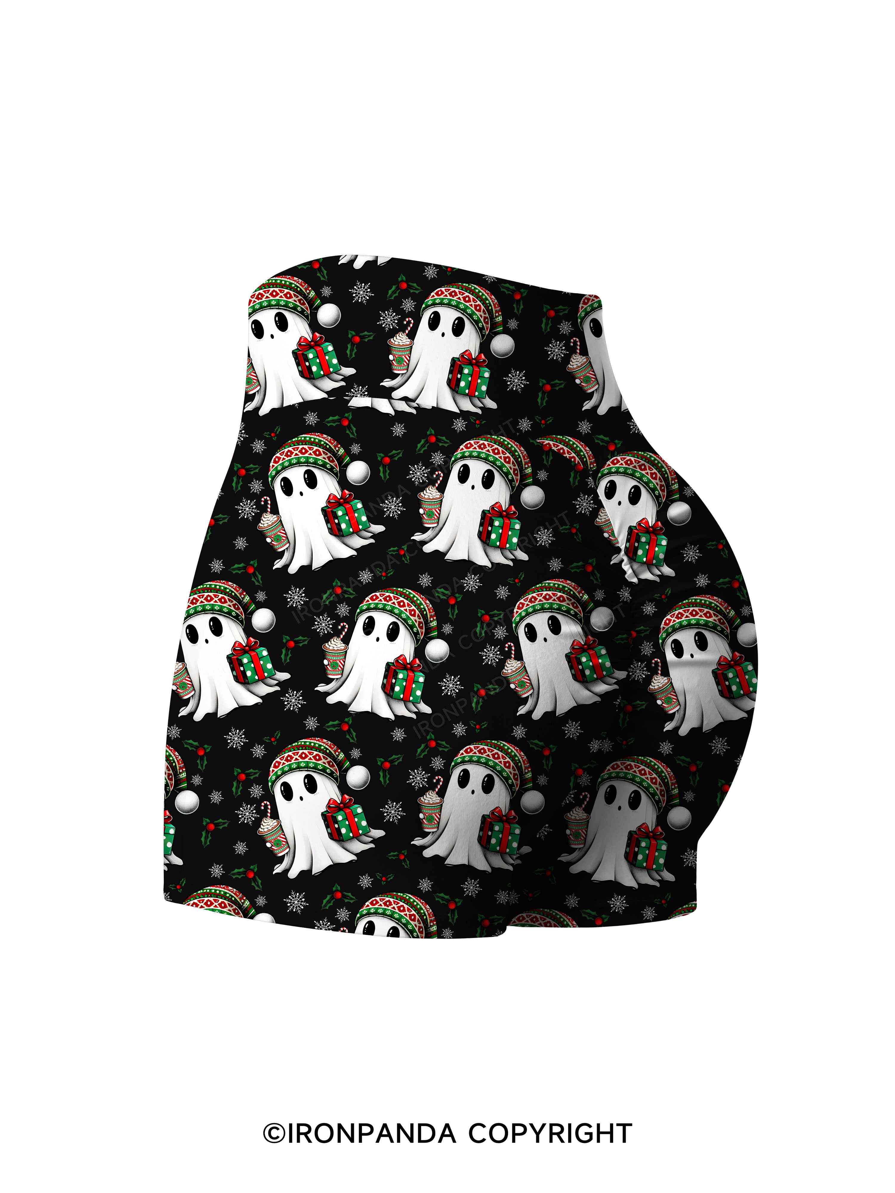 CHRISTMAS GHOST WITH COFFEE AND GIFT TRI Printed Yoga Shorts