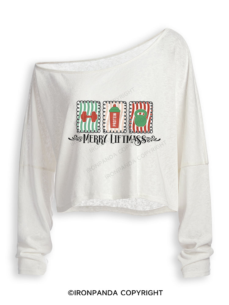 MERRY LIFTMASS CHRISTMAS WORKOUT Off Shoulder Long Sleeve Crop Top