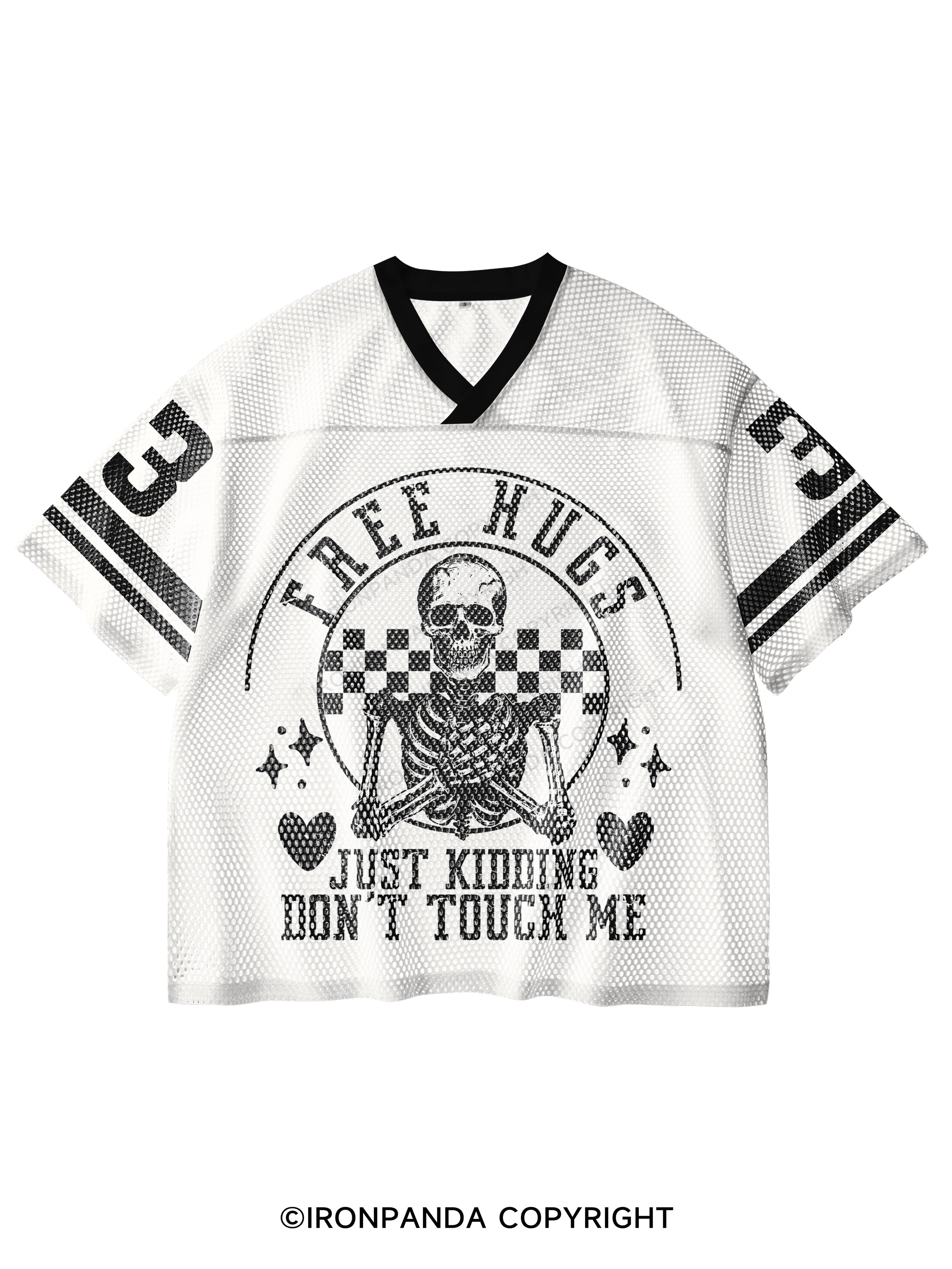 Free Hugs Just Kidding Don't Touch Me Skeleton V-Neck Open Hole Mesh Top