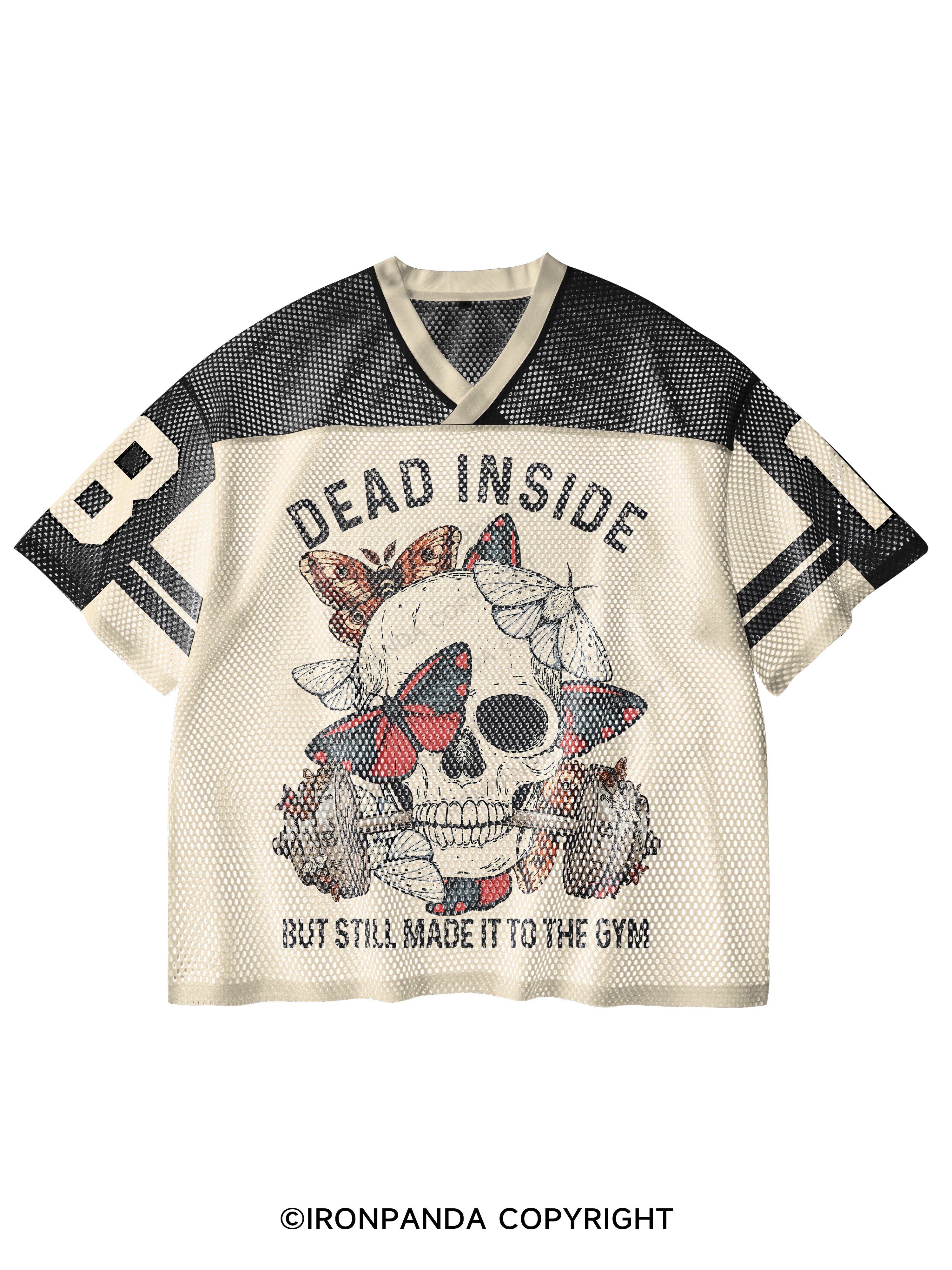 DEAD INSIDE BUT STILL MADE IT TO THE GYM SKELETON V-Neck Open Hole Mesh Top