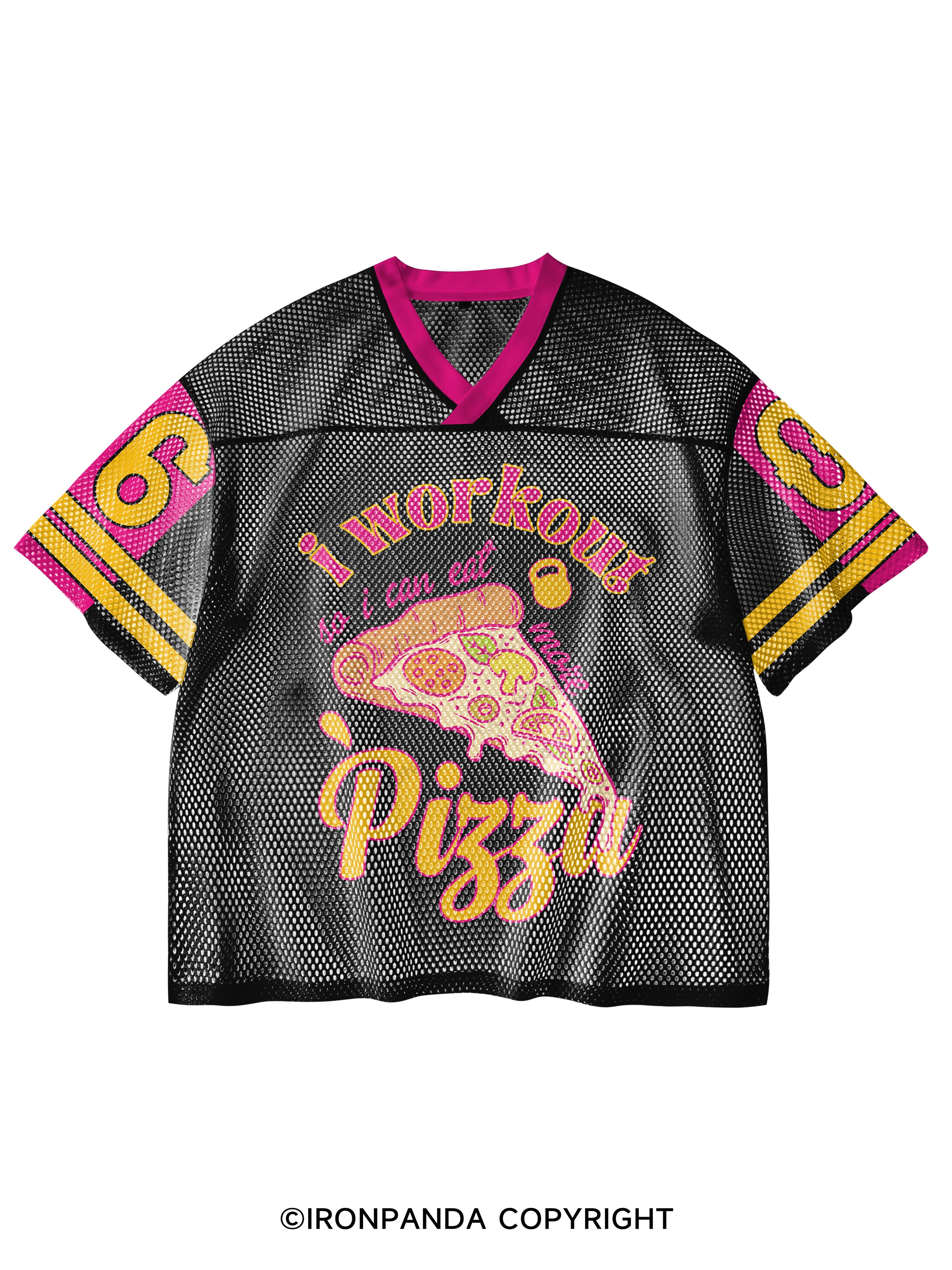 I WORKOUT SO I CAN EAT MORE PIZZA V-Neck Open Hole Mesh Top