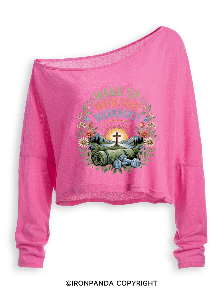 Wake Up Worship Workout Worship Off Shoulder Long Sleeve Crop Top